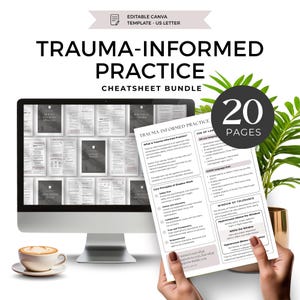 Può includere: Un pacchetto di prodotti digitali intitolato "Trauma-Informed Practice Cheatsheet" con 20 pagine. L'immagine mostra un monitor di computer che mostra il contenuto del pacchetto, un foglio stampato, una tazza di caffè e una pianta.