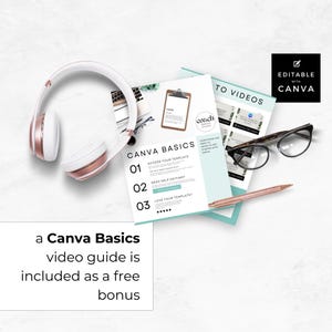 May include: A Canva Basics video guide is included as a free bonus. The guide includes three steps: Access your template, Need help editing, and Love your templates. The guide is editable with Canva.