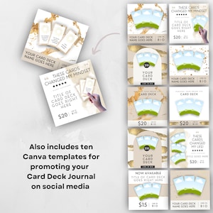 May include: A set of six social media templates for promoting a card deck journal. The templates feature a gold background with a white card deck and green clouds. The text on the templates includes "These cards changed my mindset", "Your card deck name goes here", and "$20".