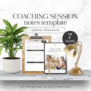 May include: A digital coaching session notes template with the text "COACHING SESSION notes template" and "CANVA TEMPLATE". The image includes a clipboard, a tablet, a gold desk lamp, and a plant in a white pot. The template includes 7 pages and is available in US Letter and A4 sizes.