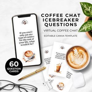 Team get to know you questions Coffee Chat Cards Virtual Icebreaker Face to Face team building game printable and digital Leader resources
