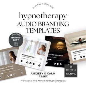 Puede incluir: Plantilla digital para la marca de audio de hipnoterapia. La imagen presenta varias maquetas de interfaces de reproductores de audio con imágenes relajantes. El texto incluye "Anxiety & Calm Reset" y "Editable with Canva."