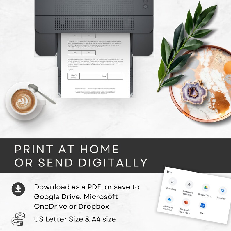 May include: A printer with a document on the tray, a cup of coffee, and a decorative plate with a stone on a white surface. The text on the document says "I understand that my data is held securely, processed and stored in line with the current legislation. I am happy to be contacted about my treatment offers that may be of interest to me in the future.  I understand that my data may be used to provide me with personalised products and services. YES NO". The text below the document says "By signing below, I acknowledge that the information provided is accurate to the best of my knowledge. I understand that this information does not replace medical advice and that any guidance received should not be considered a substitute for treatment from a qualified healthcare professional."