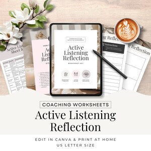 Feuille de travail pour coach de vie, réflexion sur l&#39;écoute active, modèle Canva, outils et ressources de coaching, développement personnel, modifiable imprimable CW1