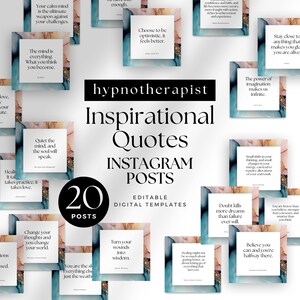 May include: A collection of 20 inspirational quotes for Instagram posts. The quotes are displayed on a variety of backgrounds with watercolor-like textures in shades of blue, green, and orange. The text "hypnotherapist Inspirational Quotes INSTAGRAM POSTS EDITABLE DIGITAL TEMPLATES" is displayed in a large font at the top of the image.