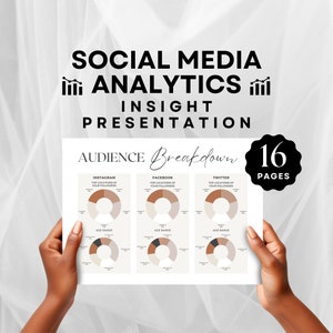 May include: A presentation titled "Social Media Analytics Insight Presentation" with the subtitle "Audience Breakdown". The presentation includes 16 pages and features three pie charts showing the top locations of followers on Instagram, Facebook, and Twitter. Each chart also includes a pie chart showing the age range of followers.