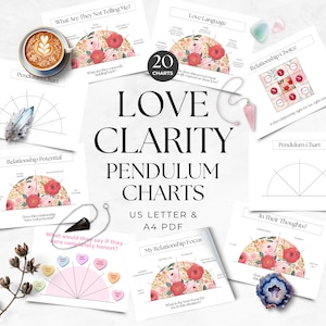 Puede incluir: Una colección de 20 gráficos de péndulo Love Clarity en formatos US Letter y A4 PDF. Los gráficos presentan diseños florales y están acompañados de cristales, una taza de café y un péndulo. Los gráficos cubren temas como el potencial de la relación y el lenguaje del amor.