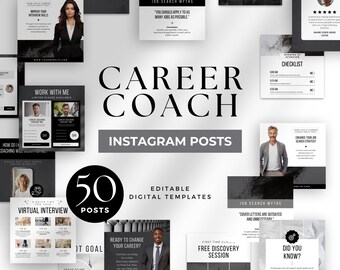 Puede incluir: Una colección de 50 plantillas de publicaciones de Instagram editables para entrenadores de carrera. Las plantillas presentan diseños en blanco y negro con texto como "Coach de carrera", "Trabaja conmigo", "Entrevista virtual", "¿Listo para cambiar tu carrera?", "Sesión de descubrimiento gratuita", "Mitos de búsqueda de empleo", "¿Sabías?" y "Mejora tu estrategia de búsqueda de empleo".