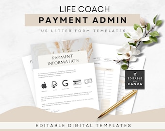 Betalningsadministration för livscoach, fakturakvittoformat för klientonboarding, amerikanskt brev, redigerbar utskrivbar digital mall, affärsverktyg för coacher