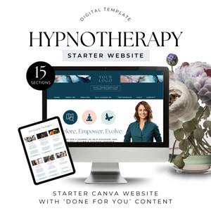 Op de afbeelding: Een computerbeeldscherm-mockup die een website-sjabloon voor een hypnotherapiebedrijf laat zien. De website is ontworpen in een blauw-wit kleurenschema met een moderne en minimalistische esthetiek. De tekst op het scherm luidt "Verken. Empower. Evolving." en "Your Transformative Journey Starts Here."