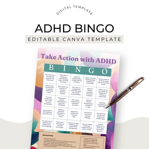 ADHD Coach Freebie Bingo Card Challenge Sales Funnel Canva Template Lead Magnet Neurodiversity Support Coaching Editable US Letter