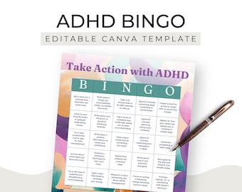 ADHD Coach Freebie Bingo Card Challenge Sales Funnel Canva Template Lead Magnet Neurodiversity Support Coaching Editable US Letter