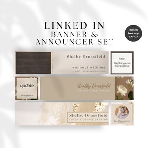 May include: A set of three social media banners for LinkedIn featuring a beige and brown color scheme with text that reads "Shelby Drussfield, connect with me, email: sdruss@email.com, Coach | Course Creator, Coach & Course Creator, hello, Big things are happening, update".