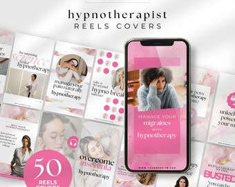 Modelos de capa para vídeos de hipnoterapia, feed estético de hipnose no Instagram, edição no Canva, branding para mídias sociais, design abstrato rosa-dourado (PG)