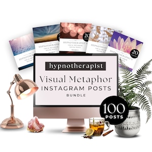 May include: A computer screen displaying the text "hypnotherapist Visual Metaphor INSTAGRAM POSTS BUNDLE" with a black circle containing the text "100 POSTS". There are five digital downloads stacked on top of the computer screen, each with a different image and the text "The Hypnotherapist's Visual Metaphor Social Posts".