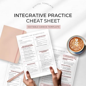 May include: A digital template labelled "Integrative Practice Cheat Sheet" with the text "Editable Canva Template." The image includes a notebook, a pen, and a cup of coffee with latte art. The cheat sheet has sections like "Choosing the Session Focus."
