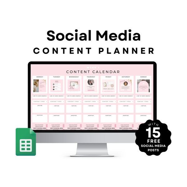 Pink Content Calendar Google Sheets, Social Media planner, Editable template, INSTANT DOWNLOAD, Blush Pink and Gold, 15 Free post templates