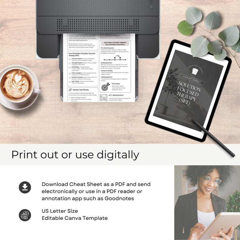 May include: A printer printing a document with the text "Solutions Focused Therapy (SFT)". A tablet displays the text "Solution Focused Therapy (SFT)". The text "Print out or use digitally" is at the bottom.