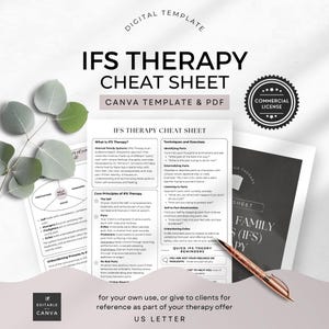 May include: A digital template for an IFS Therapy Cheat Sheet, available as a Canva template and PDF. The design includes text and graphics detailing IFS Therapy principles, techniques, and exercises. A commercial license is included. The document is US Letter size.