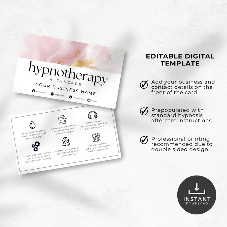 Hypnotherapy Aftercare Card for Clients, Post Hypnosis Instructions