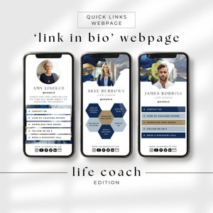 Può includere: Tre mockup di uno schermo di telefono cellulare che mostrano una pagina web "link in bio" per i life coach. Ogni schermo presenta un life coach diverso con il suo nome, titolo, handle sui social media e link alle sue offerte di coaching, ebook gratuito, pagine sui social media e una chiamata di scoperta.