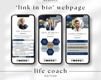 Link in Bio Coach, Linktree alternative, Canva Template Editable, One page Web page with Multi Links, Coach Business Branding Navy Gold