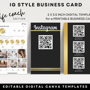 2023 Insta style Business Card for Coach, IG biz brand Canva template Printable Instagram, Unique Branding Visual Biz Card Black Gold