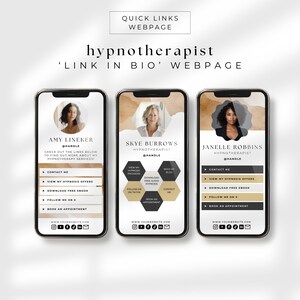 Può includere: Tre mockup di schermate di telefoni cellulari con uno sfondo geometrico marrone e bianco. Ogni schermo presenta una foto di una donna e il testo che dice "Ipnoterapeuta" e include link a informazioni di contatto, risorse gratuite e prenotazioni di appuntamenti.