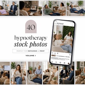 May include: A digital collection of 40 hypnotherapy stock photos displayed on a smartphone screen and as a collage of individual images showing people in therapy sessions, with the text 40 hypnotherapy stock photos volume I visible.