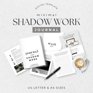 May include: A black and white digital journal template for shadow work. The cover features the text "journal for shadow work" and the text "week one". The journal is available in US Letter and A4 sizes.