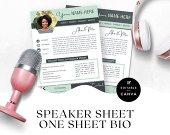 Speaker sheet, One Sheet bio, Facebook Group Speaker, Podcast guest, DIGITAL Canva template, Green INSTANT DOWNLOAD | SG05