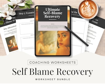 Conjunto de planilhas para recuperação da autoculpa, modelos do Canva, ferramentas de terapia, folhetos sobre amor-próprio, coaching em saúde mental, informações para o cliente para impressão