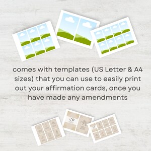 K&ouml;nnte beinhalten: Druckbare Affirmationskarten-Vorlagen in den Formaten US Letter und A4. Die Vorlagen bieten eine Vielzahl von Designs, darunter einen gr&uuml;nen H&uuml;gel mit blauem Himmel und Wolken sowie ein minimalistisches Design mit goldenem Hintergrund und einem Sonnenstrahl.
