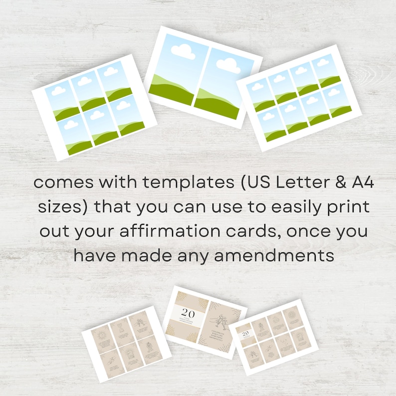 K&ouml;nnte beinhalten: Druckbare Affirmationskarten-Vorlagen in den Formaten US Letter und A4. Die Vorlagen bieten eine Vielzahl von Designs, darunter einen gr&uuml;nen H&uuml;gel mit blauem Himmel und Wolken sowie ein minimalistisches Design mit goldenem Hintergrund und einem Sonnenstrahl.