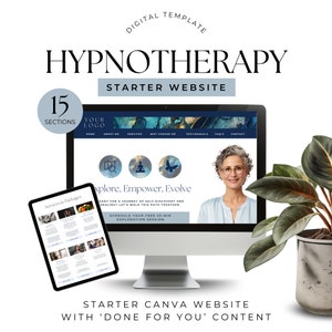 Peut inclure: Modèle numérique pour un site web de démarrage d'hypnothérapie. L'image montre un écran d'ordinateur et une tablette affichant le contenu du site web. Le texte comprend "Explore, Empower, Evolve" et "Starter Canva Website with 'Done For You' Content."