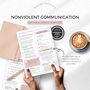 Può includere: Un modello digitale per la Comunicazione Nonviolenta, con un cheat sheet con il processo in quattro parti, esempi e suggerimenti. L'immagine include una tazza di caffè con latte art e il testo "for your own use, or give to clients for reference as part of your offer."
