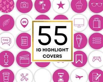 May include: A set of 55 pink and white Instagram highlight covers with various icons, including a camera, palm trees, a star, a cupcake, sunglasses, a leaf, a car, a computer, a shopping bag, a speech bubble with the word "FAQ", a checklist, a mannequin, a clapperboard, a coffee cup, a wrench and screwdriver, an hourglass, an airplane, a checklist with a pencil, an ice cream cone, a list, a bookmark, a video game controller, and hearts.