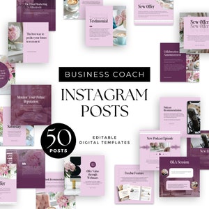 Könnte beinhalten: Eine Sammlung von 50 editierbaren Instagram-Post-Vorlagen für Business-Coaches. Die Vorlagen zeichnen sich durch ein lila und pinkfarbenes Farbschema mit floralen Akzenten und Textüberlagerungen aus. Der Text enthält Sätze wie "Überwachen Sie Ihren Online-Ruf", "Neue Podcast-Episode" und "Bieten Sie Wert durch Webinare an".