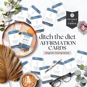 Puede incluir: Un conjunto de tarjetas de afirmación imprimibles con un fondo de mezclilla y texto blanco. Las tarjetas presentan afirmaciones positivas sobre la imagen corporal, la alimentación consciente y el cuidado personal. El texto en las tarjetas incluye frases como "Soy suficiente, tal como soy", "Estoy a cargo de mi cuerpo", "Hago cambios positivos para mí mismo todos los días", "Olvida la dieta", "Practica la alimentación consciente y toma decisiones saludables", "Mi cuerpo es un templo y merece ser tratado con respeto y amabilidad", "Estoy agradecido por mi cuerpo y la energía que me da cada día", "Soy fuerte y capaz de alcanzar mis metas", "Comer sano es una forma de vida para mí", "Honro mi cuerpo con alimentos nutritivos y nutritivos", "Mis pensamientos crean mi realidad y elijo pensar positivamente sobre la comida y mi cuerpo".