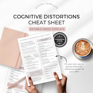 May include: A digital template titled "Cognitive Distortions Cheat Sheet" with the text "Editable Canva Template." The image includes a coffee cup, a notebook, and a document with a list of cognitive distortions.