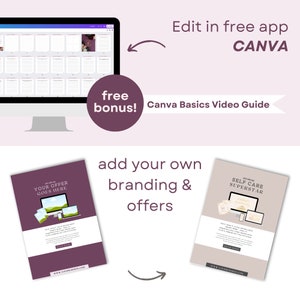 Puede incluir: Dos plantillas imprimibles para productos digitales, una con el texto "YOUR OFFER GOES HERE" y la otra con el texto "SELF CARE SUPERSTAR". Ambas plantillas son moradas con texto blanco y presentan una pantalla de ordenador con un gr&aacute;fico de un ordenador de sobremesa, un port&aacute;til y un tel&eacute;fono. El texto "Edit in free app CANVA" est&aacute; en la parte superior de la imagen.