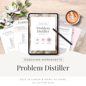 May include: A digital coaching worksheet set titled "Problem Distiller" with a light brown background. The worksheet set includes a worksheet template, coach helper, and additional resources. The worksheet set is designed to help people solve problems and think critically.