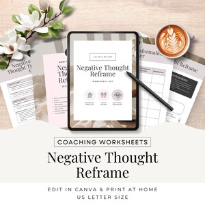 Mindset Coach Worksheets, Reframe Negative Thinking to Positive Thoughts, Edit in Canva, Life Coaching Tools Resources Printable CW1