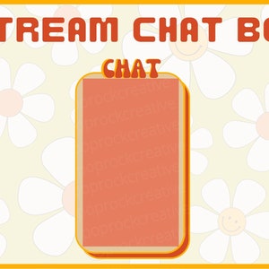 May include: A retro-style chat box with a peach background and a yellow border. The text "CHAT" is in a bold, orange font. The background is a pattern of white daisies on a light yellow background.