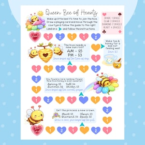 May include: A colorful game board titled "Queen Bee of Hearts" with illustrations of bees, hearts, and flowers. The board includes instructions, pricing, and suit symbols. The background is light blue with white polka dots.