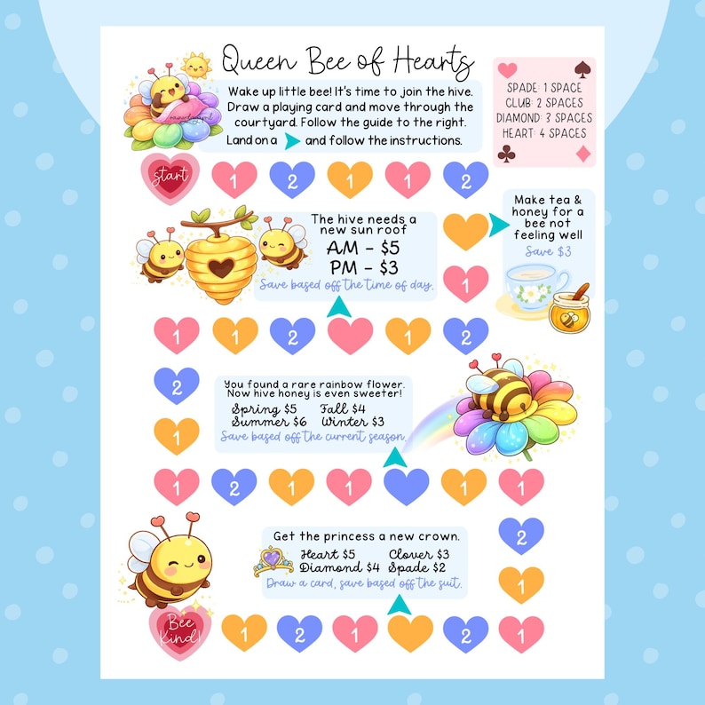 May include: A colorful game board titled "Queen Bee of Hearts" with illustrations of bees, hearts, and flowers. The board includes instructions, pricing, and suit symbols. The background is light blue with white polka dots.
