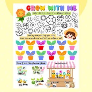Peut inclure: Une feuille d'activité colorée pour enfants intitulée "Grow With Me". Elle présente des illustrations de fleurs, de pots de fleurs et d'une boutique de fleurs. La feuille comprend du texte tel que "Color & Save" et "Buy from the flower shop."