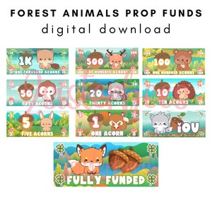 Woodland Forest Animals Cute Cash Stuffing Prop Dinheiro Fictício | Cartões de suporte de lugar | Download instantâneo Impressão ilimitada | Todas as Denominações