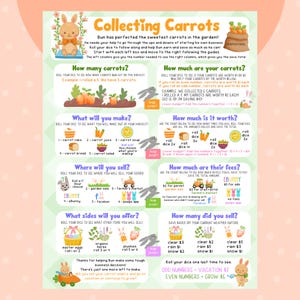 Op de afbeelding: Een kleurrijke infographic getiteld "Collecting Carrots" met een konijn-personage. Het bevat instructies voor een spel over het verkopen van wortelen, inclusief dobbelstenen voor de oogstgrootte, productcreatie en kosten.