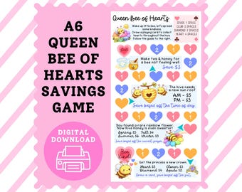 A6 Queen Bee of Hearts Mini Savings Challenge Tracker | Cash Stuffing Game | Budgeting
